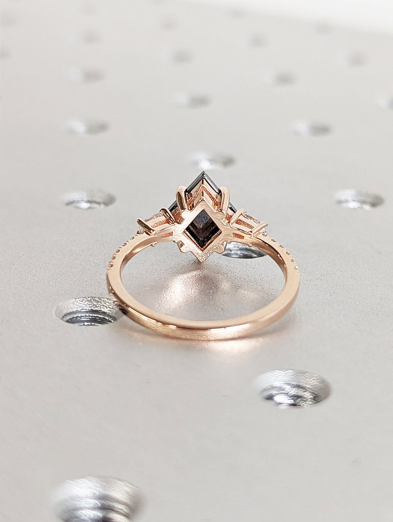 Galaxy Raw Salt and Pepper Diamond Ring- Kite Cut Diamond Engagement Ring Sets- Unique Bridal Geometric Diamond Promise Ring 14K Rose Gold