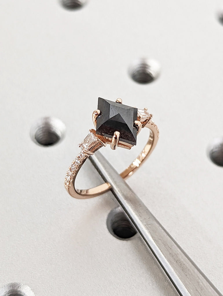 Galaxy Raw Salt and Pepper Diamond Ring- Kite Cut Diamond Engagement Ring Sets- Unique Bridal Geometric Diamond Promise Ring 14K Rose Gold