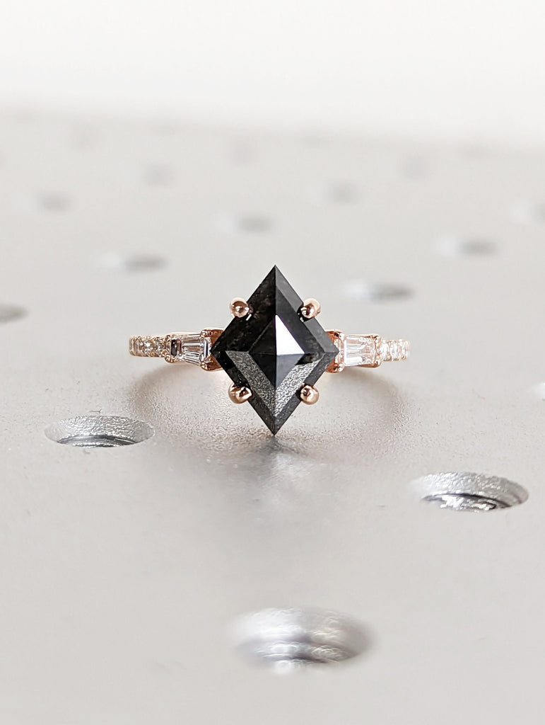 Galaxy Raw Salt and Pepper Diamond Ring- Kite Cut Diamond Engagement Ring Sets- Unique Bridal Geometric Diamond Promise Ring 14K Rose Gold