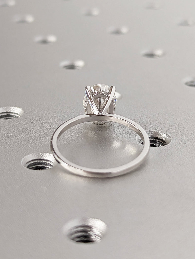 2ct Hidden halo engagement ring, solitaire oval moissanite ring, Hidden Halo Oval Cut Solitaire Engagement Ring in 18K White gold Minimalist
