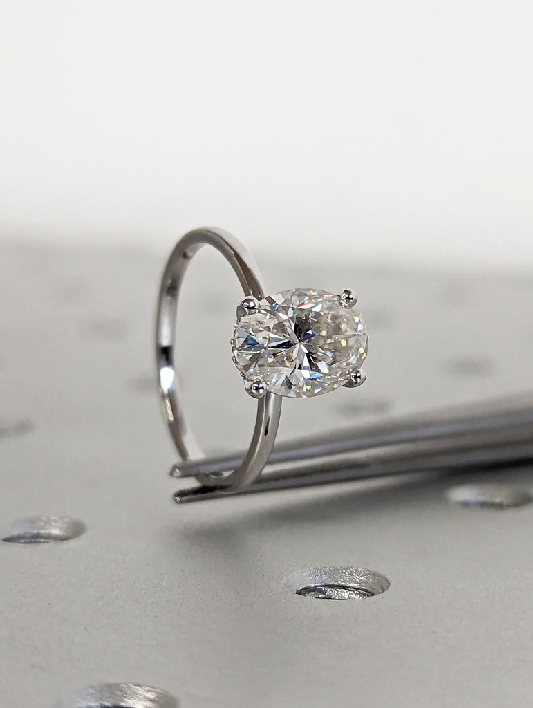 2ct Hidden halo engagement ring, solitaire oval moissanite ring, Hidden Halo Oval Cut Solitaire Engagement Ring in 18K White gold Minimalist