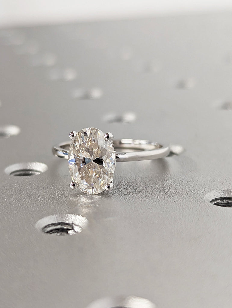 2ct Hidden halo engagement ring, solitaire oval moissanite ring, Hidden Halo Oval Cut Solitaire Engagement Ring in 18K White gold Minimalist