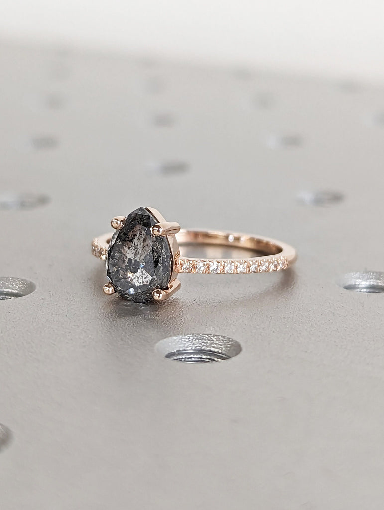 1.75 Ct 1920's Raw Salt and Pepper Diamond, Pear Diamond Ring, Unique Engagement Bridal Set, Black, Gray Pear, 14k Yellow, Rose, White Gold