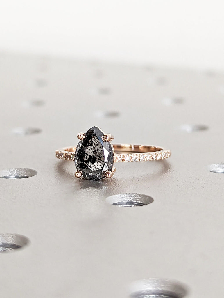 1.75 Ct 1920's Raw Salt and Pepper Diamond, Pear Diamond Ring, Unique Engagement Bridal Set, Black, Gray Pear, 14k Yellow, Rose, White Gold