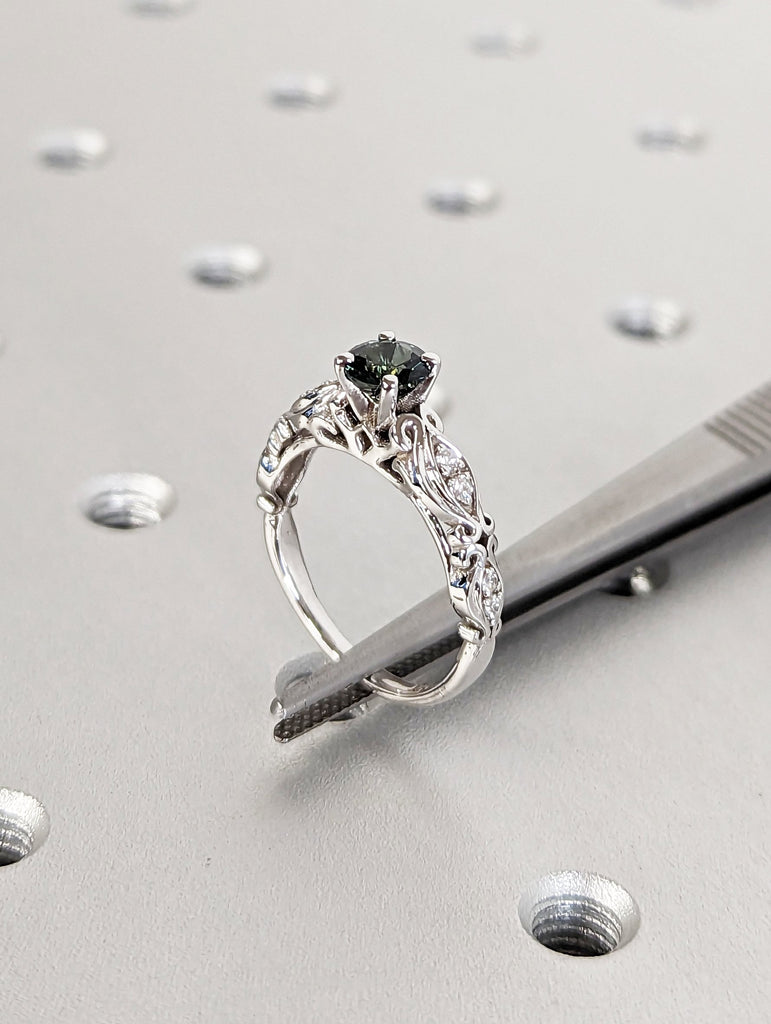 Peacock Sapphire engagement ring vintage round cut dark green sapphire 14k white gold teal sapphire diamond eternity ring two piece ring set