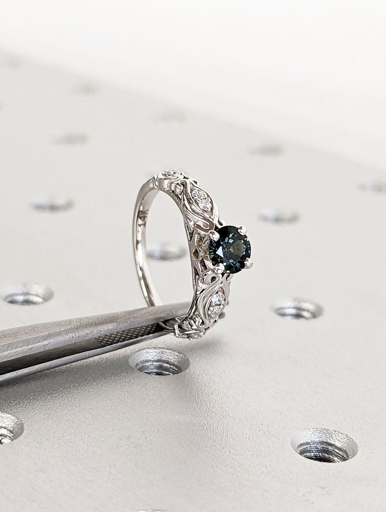 Peacock Sapphire engagement ring vintage round cut dark green sapphire 14k white gold teal sapphire diamond eternity ring two piece ring set