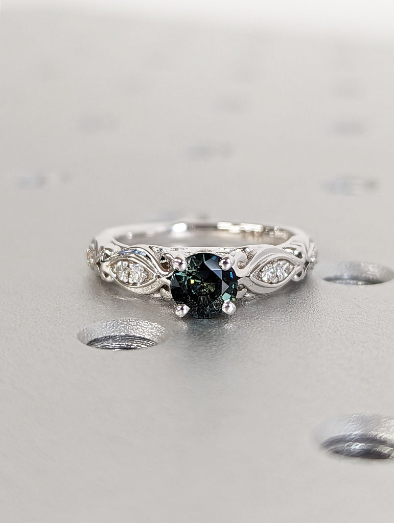 Peacock Sapphire engagement ring vintage round cut dark green sapphire 14k white gold teal sapphire diamond eternity ring two piece ring set