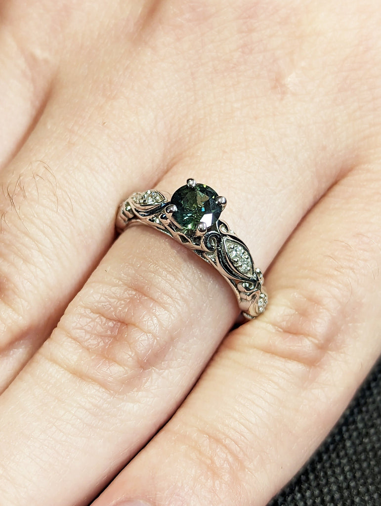 Peacock Sapphire engagement ring vintage round cut dark green sapphire 14k white gold teal sapphire diamond eternity ring two piece ring set