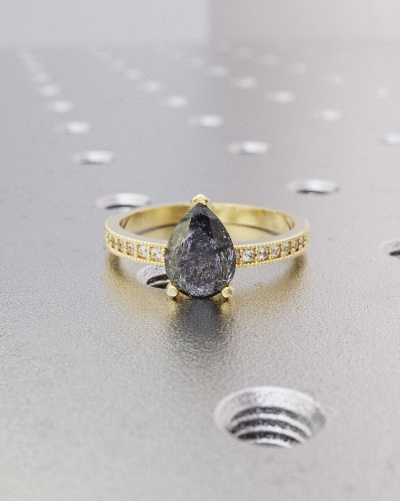 Art deco Pear Salt and Pepper wedding band Vintage Diamond wedding ring Art deco Milgrain matching stacking ombre bridal ring Simple Promise