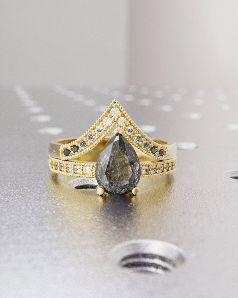 Art deco Pear Salt and Pepper wedding band Vintage Diamond wedding ring Art deco Milgrain matching stacking ombre bridal ring Simple Promise
