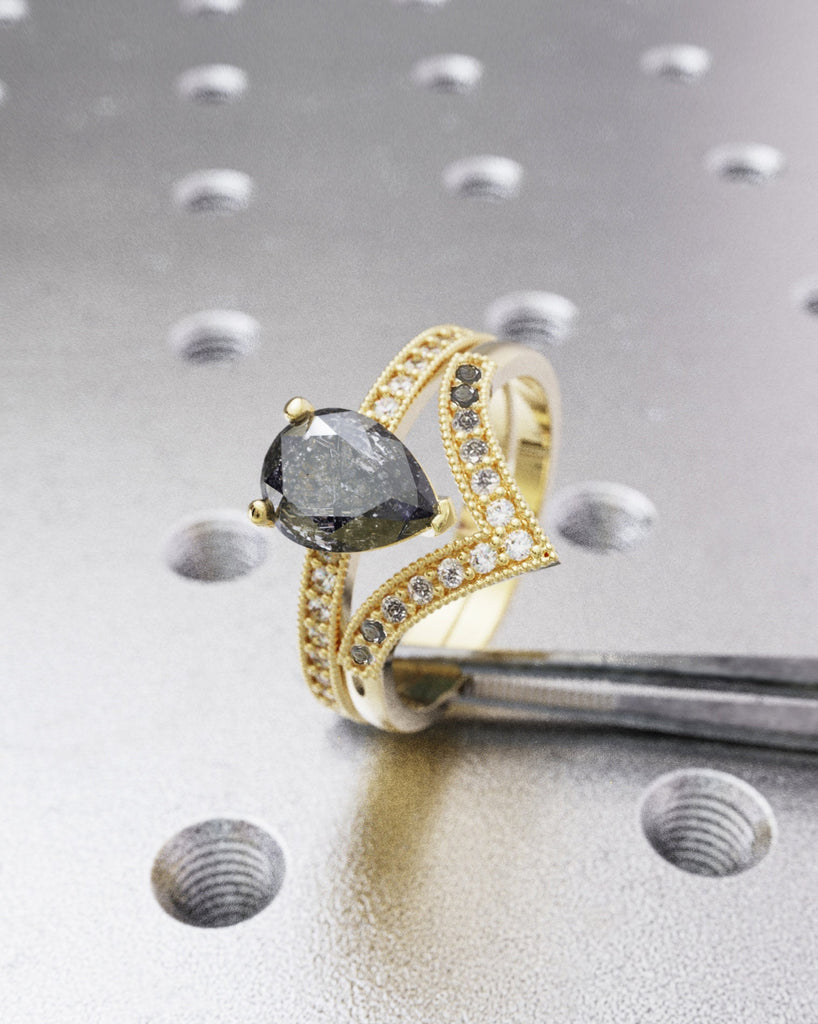 Art deco Pear Salt and Pepper wedding band Vintage Diamond wedding ring Art deco Milgrain matching stacking ombre bridal ring Simple Promise