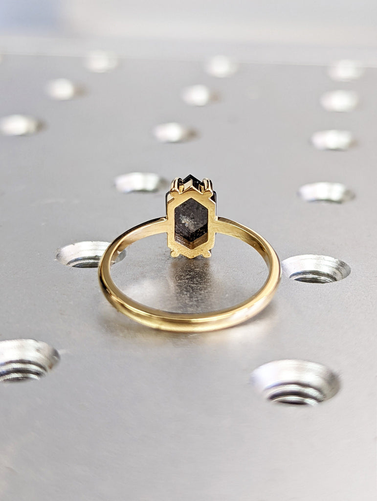 Raw Diamond, Salt and Pepper, Hexagon, Unique Engagement Ring, Rose Cut Geometric Diamond Ring, 18k Yellow Gold, Custom Handmade, Solitaire