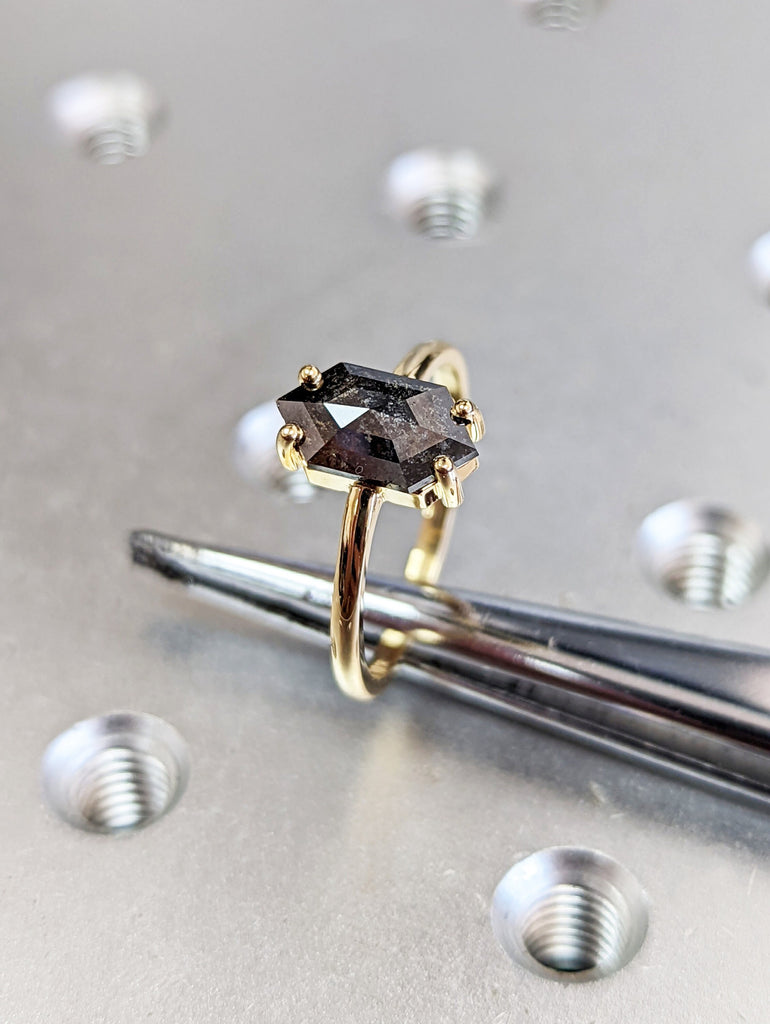 Raw Diamond, Salt and Pepper, Hexagon, Unique Engagement Ring, Rose Cut Geometric Diamond Ring, 18k Yellow Gold, Custom Handmade, Solitaire