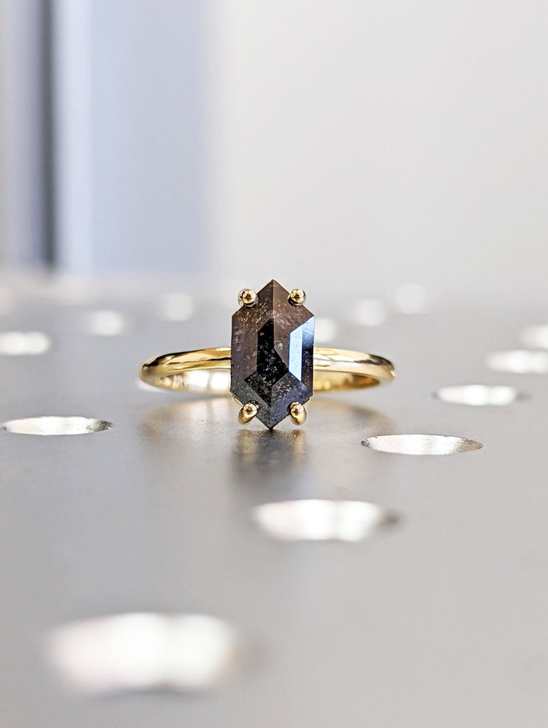 Raw Diamond, Salt and Pepper, Hexagon, Unique Engagement Ring, Rose Cut Geometric Diamond Ring, 18k Yellow Gold, Custom Handmade, Solitaire