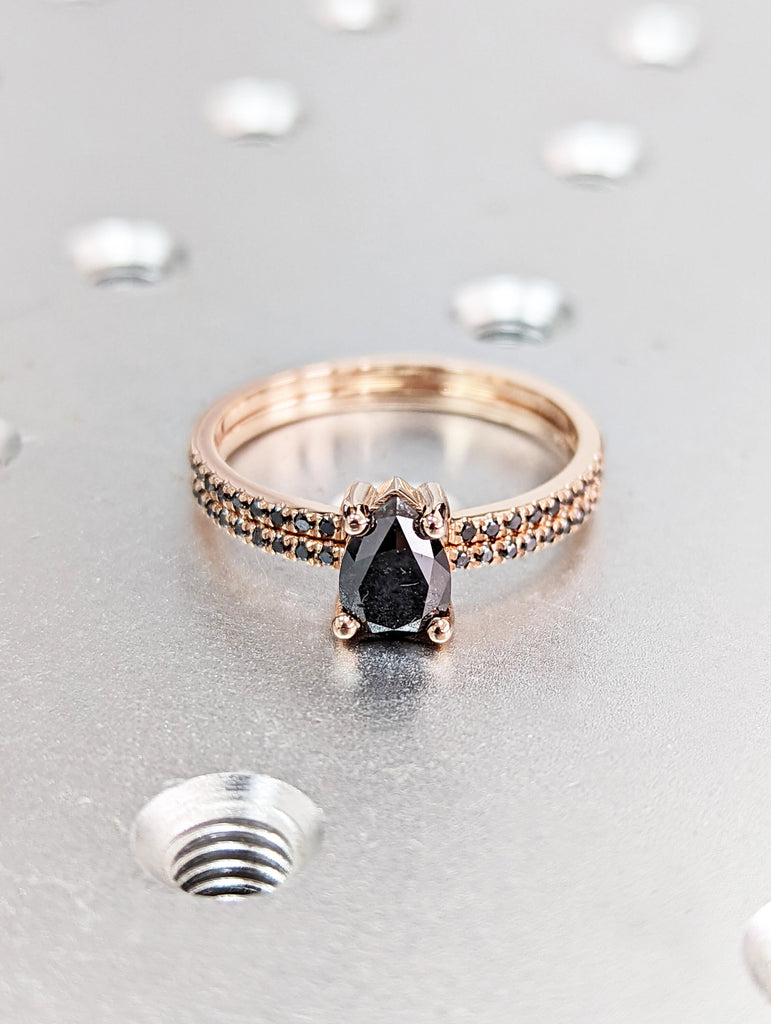 1920's Raw Salt and Pepper Diamond, Pear Diamond Ring, Unique Engagement Bridal Set, Black, Gray Pear, 14k Yellow, Rose, Black or White Gold
