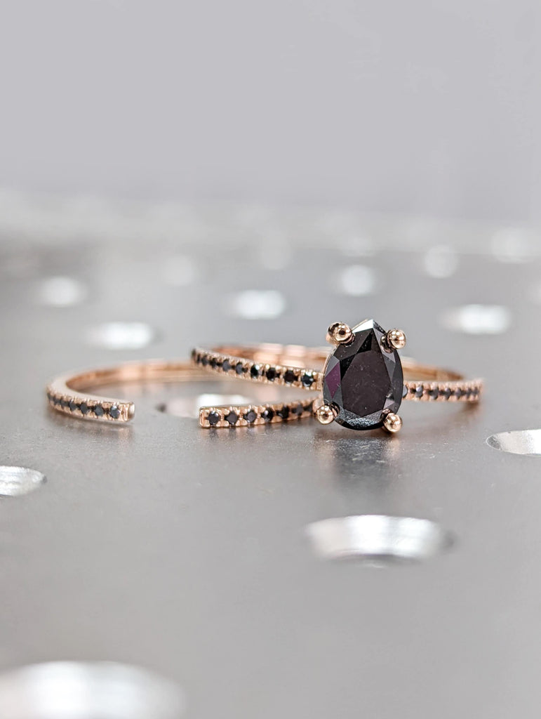 1920's Raw Salt and Pepper Diamond, Pear Diamond Ring, Unique Engagement Bridal Set, Black, Gray Pear, 14k Yellow, Rose, Black or White Gold