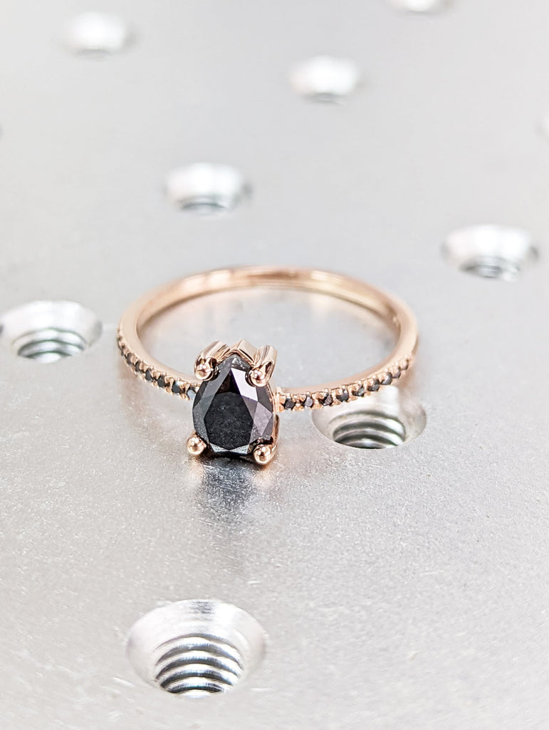 1920's Raw Salt and Pepper Diamond, Pear Diamond Ring, Unique Engagement Bridal Set, Black, Gray Pear, 14k Yellow, Rose, Black or White Gold