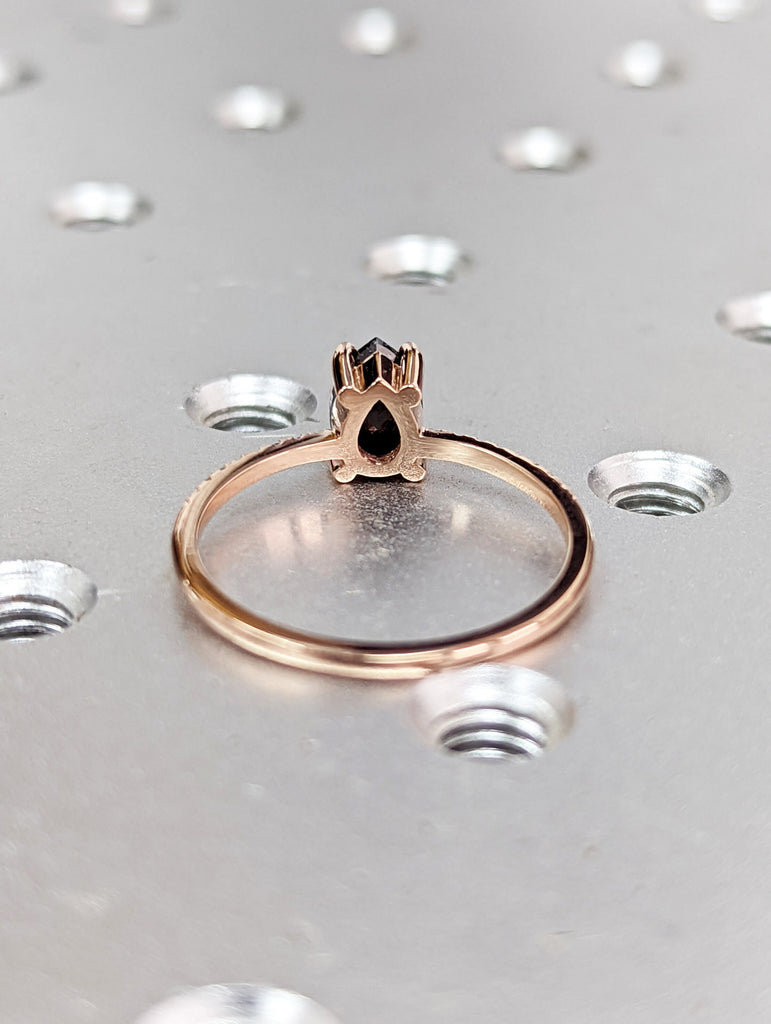 1920's Raw Salt and Pepper Diamond, Pear Diamond Ring, Unique Engagement Bridal Set, Black, Gray Pear, 14k Yellow, Rose, Black or White Gold