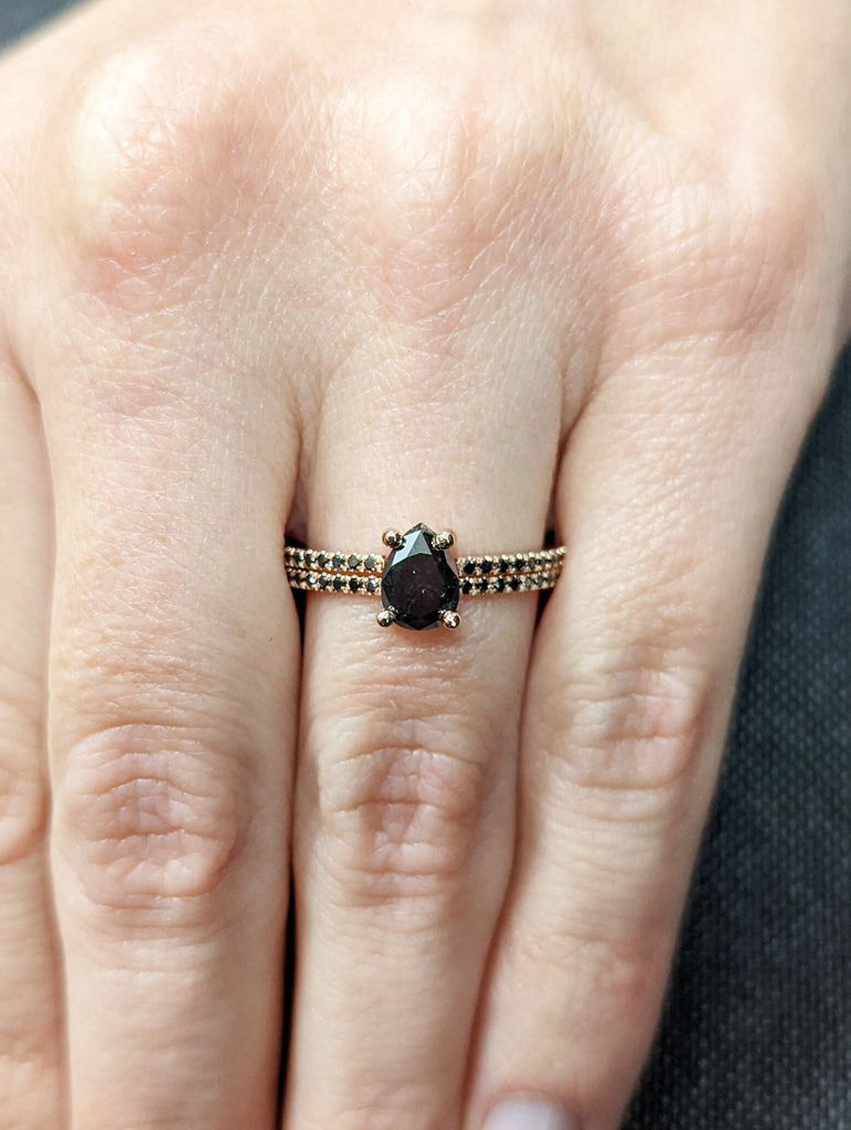 1920's Raw Salt and Pepper Diamond, Pear Diamond Ring, Unique Engagement Bridal Set, Black, Gray Pear, 14k Yellow, Rose, Black or White Gold