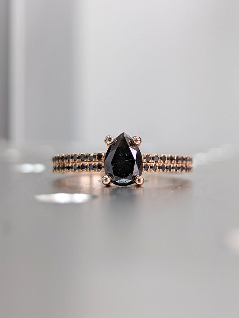 1920's Raw Salt and Pepper Diamond, Pear Diamond Ring, Unique Engagement Bridal Set, Black, Gray Pear, 14k Yellow, Rose, Black or White Gold