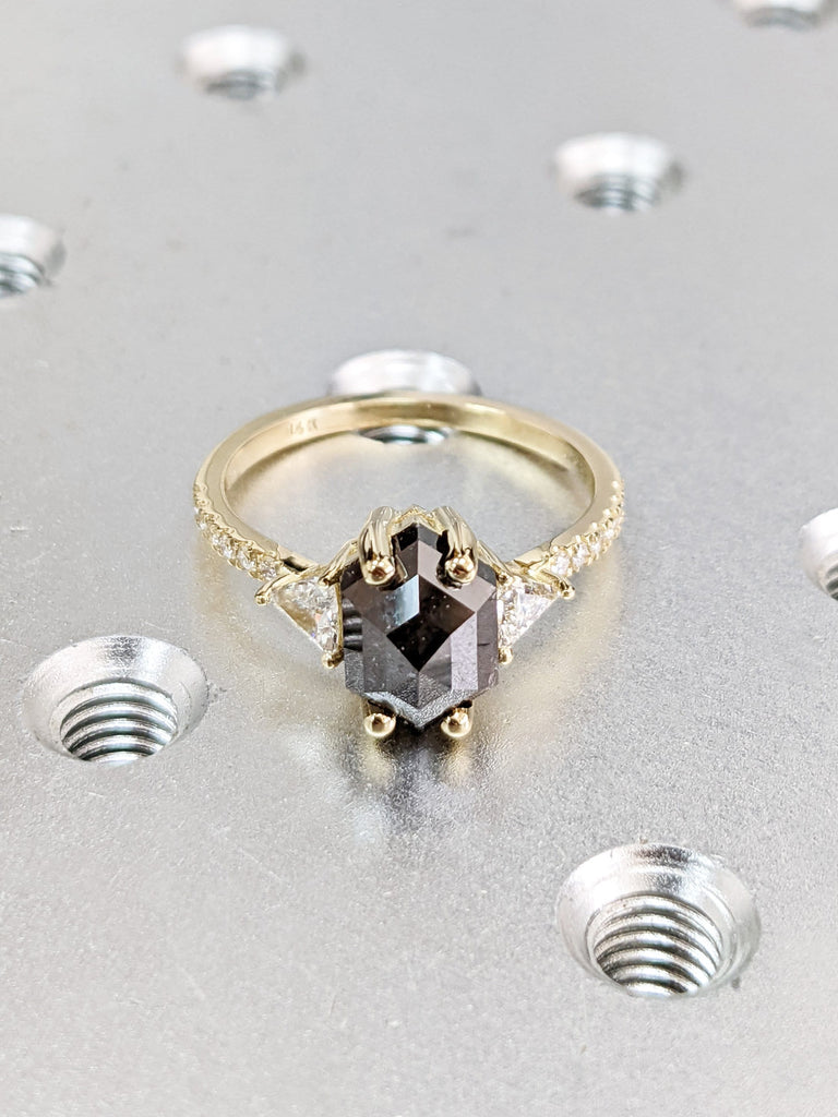 Art Deco Salt and Pepper Engagement Ring, Vintage Hexagon Shaped Black Diamond Ring, Salt and Pepper Promise Anniversary Ring, Birthday Gift