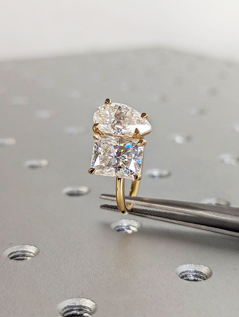 3 Carat Double Stone Engagement Ring Pear Cut and Radiant Cut Moissanite Two Stone Wedding Ring 14K White Yellow Rose Black Gold Talon Prong