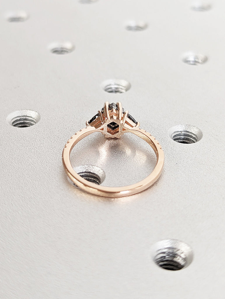 Raw Diamond Hexagon Triangle Diamond, Salt and Pepper, Unique Engagement Ring, Rose Cut Geometric Diamond Ring, 14k Gold, Custom Handmade