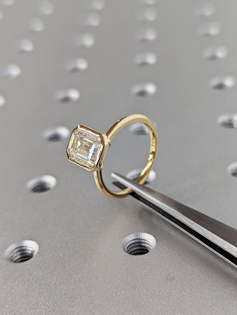 1.5CT Emerald Cut Moissanite Solitaire Ring, 14K Yellow Gold Engagement Ring, Bezel Setting, Statement Ring, Gift For Her, Anniversary Ring