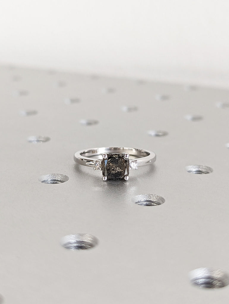 Salt And Pepper Diamond Cushion Ring, Salt And Pepper Diamond Vintage Engagement Ring, Vintage Cushion Ring, Raw Diamond Ring, Raw Cushion