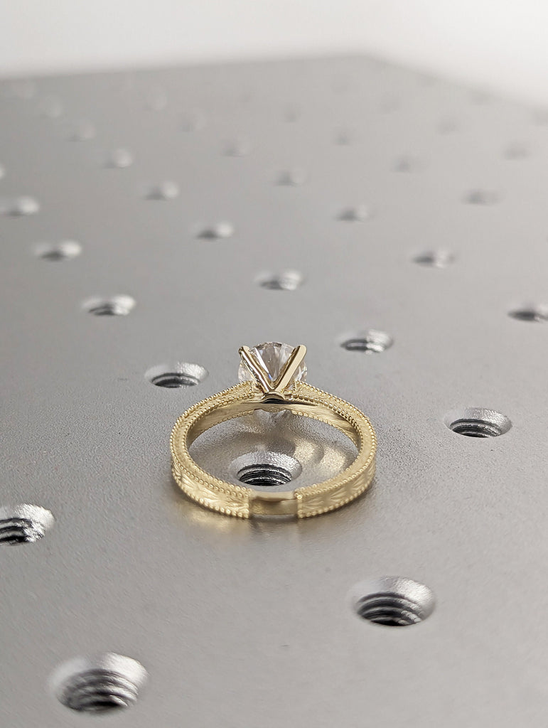 Vintage Engagement Ring 14k gold hand engraved ring, moissanite engagement ring, vintage ring, hand engraving