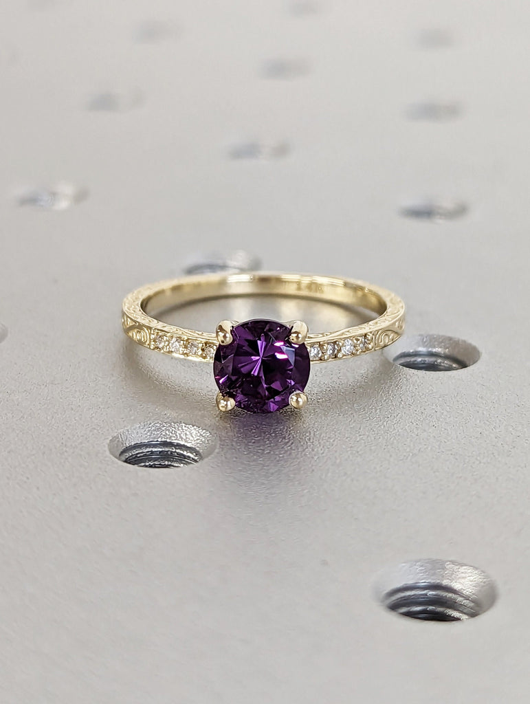 Vintage Lab Alexandrite ring rose gold ring Round cut wedding ring art deco diamond ring wedding unique Anniversary ring bridal ring