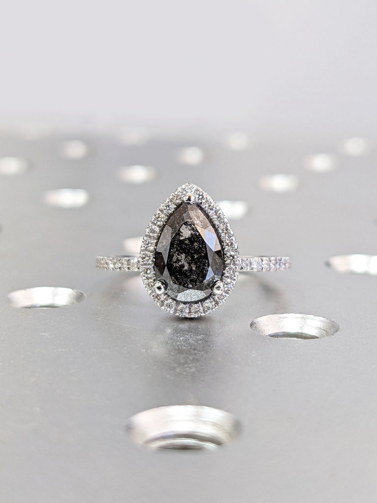 Pear Halo 14K White Gold Salt and Pepper Diamond engagement ring set Wedding Band For Women vintage Pear cut Halo diamond Anniversary ring
