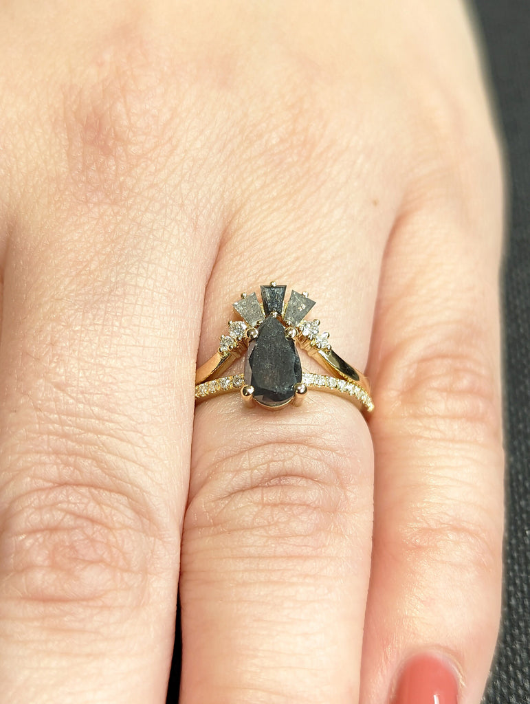 1 Carat 1920's Raw Salt and Pepper Diamond, Pear Diamond Ring, Unique Engagement Bridal Set, Black, Gray Pear, 14k Yellow, Rose White Gold