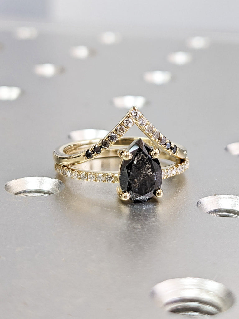 1920's Raw Salt and Pepper Diamond, Pear Diamond Ring, Unique Engagement Bridal Set, Black, Gray Pear, 14k Yellow, Rose, Black or White Gold