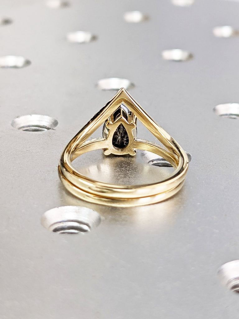 1920's Raw Salt and Pepper Diamond, Pear Diamond Ring, Unique Engagement Bridal Set, Black, Gray Pear, 14k Yellow, Rose, Black or White Gold