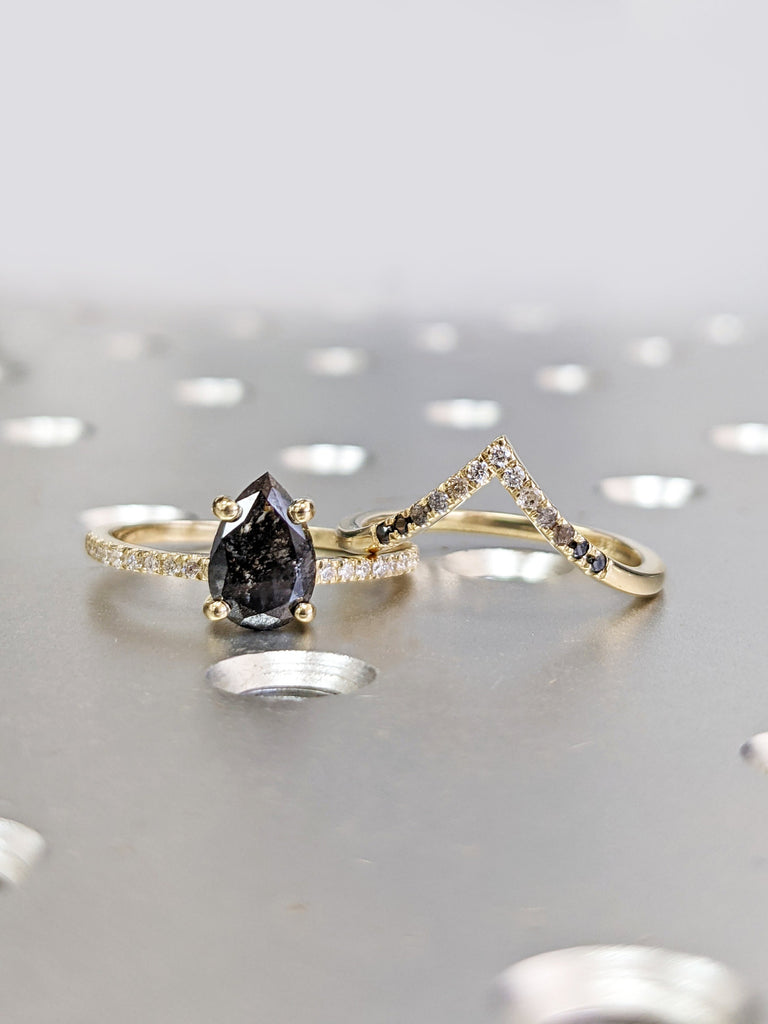 1920's Raw Salt and Pepper Diamond, Pear Diamond Ring, Unique Engagement Bridal Set, Black, Gray Pear, 14k Yellow, Rose, Black or White Gold