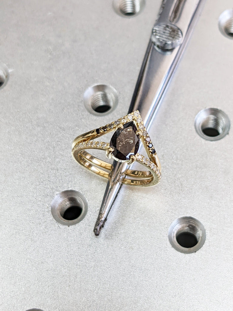 1920's Raw Salt and Pepper Diamond, Pear Diamond Ring, Unique Engagement Bridal Set, Black, Gray Pear, 14k Yellow, Rose, Black or White Gold