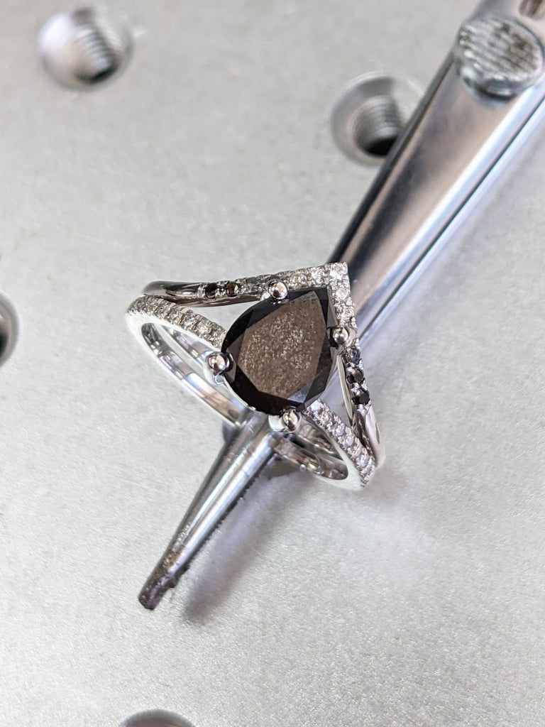 1920's Raw Salt and Pepper Diamond, Pear Diamond Ring, Unique Engagement Bridal Set, Black, Gray Pear, 14k, 18k Yellow, Rose or White Gold