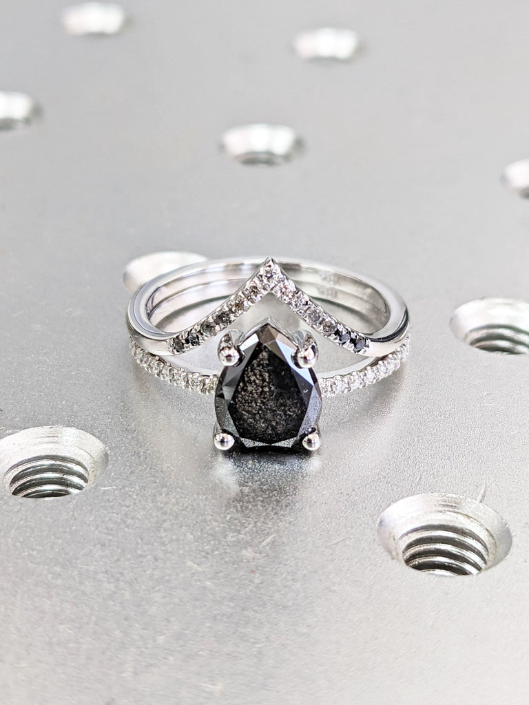 1920's Raw Salt and Pepper Diamond, Pear Diamond Ring, Unique Engagement Bridal Set, Black, Gray Pear, 14k, 18k Yellow, Rose or White Gold