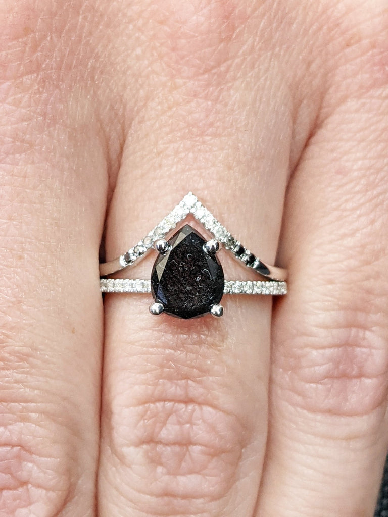 1920's Raw Salt and Pepper Diamond, Pear Diamond Ring, Unique Engagement Bridal Set, Black, Gray Pear, 14k, 18k Yellow, Rose or White Gold