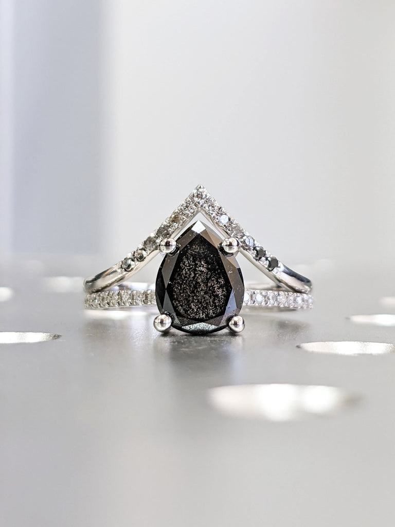 1920's Raw Salt and Pepper Diamond, Pear Diamond Ring, Unique Engagement Bridal Set, Black, Gray Pear, 14k, 18k Yellow, Rose or White Gold