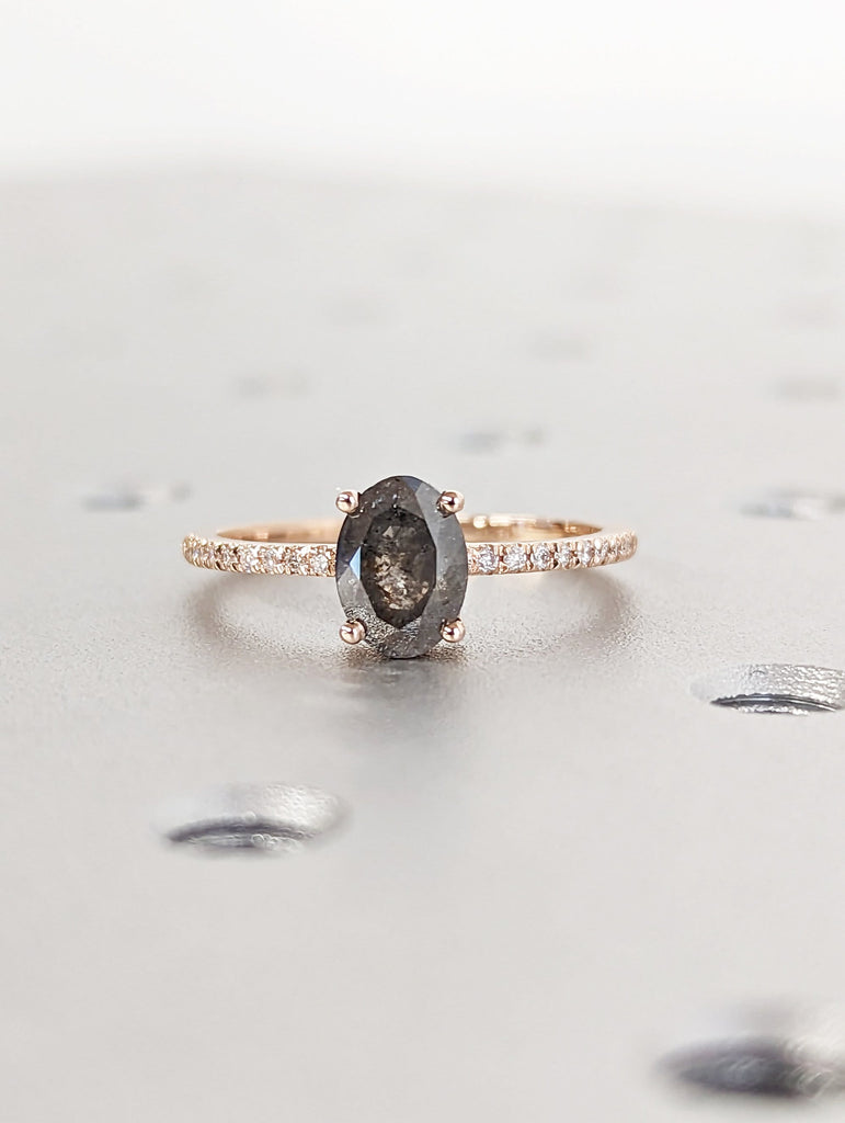 1920's Raw Salt and Pepper Diamond, Oval Diamond Ring, Unique Engagement Bridal Set, Black, Gray Oval, 14k Yellow, White, Black, Rose Gold