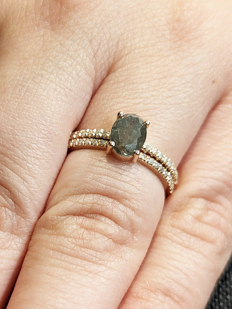 1920's Raw Salt and Pepper Diamond, Oval Diamond Ring, Unique Engagement Bridal Set, Black, Gray Oval, 14k Yellow, White, Black, Rose Gold