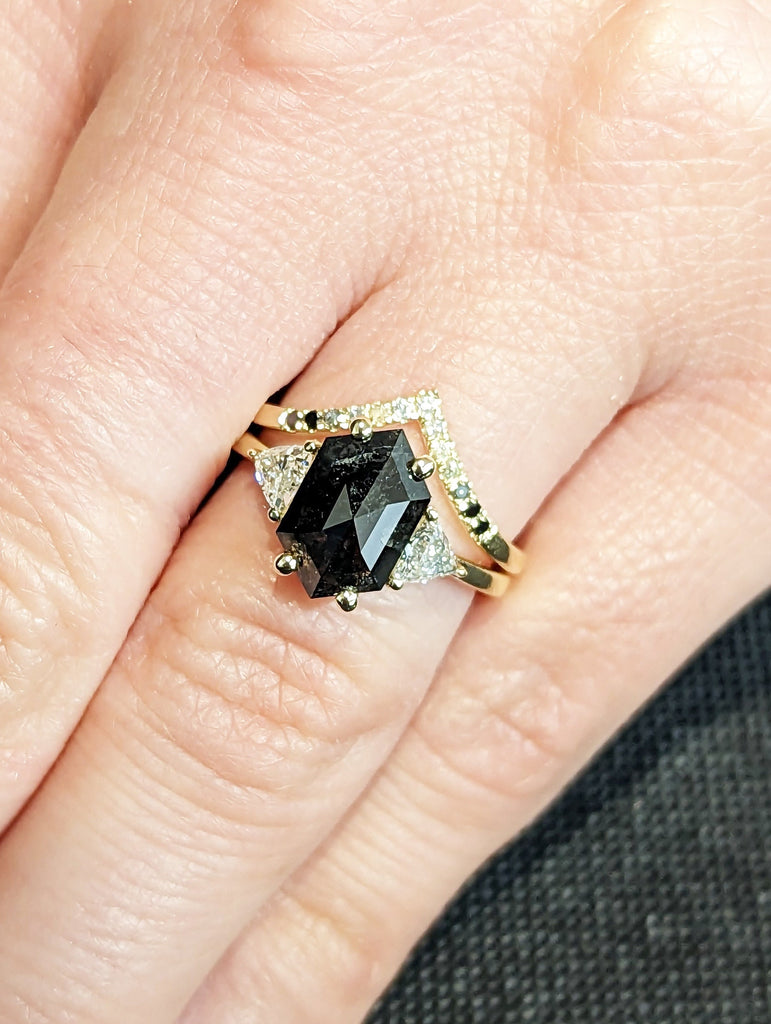 Raw Diamond Hexagon Triangle Diamond, Salt and Pepper, Plain Unique Bridal Engagement Set, Rose Cut Geometric Diamond Ring, Custom Handmade