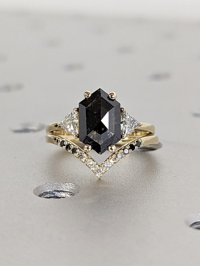 Raw Diamond Hexagon Triangle Diamond, Salt and Pepper, Plain Unique Bridal Engagement Set, Rose Cut Geometric Diamond Ring, Custom Handmade