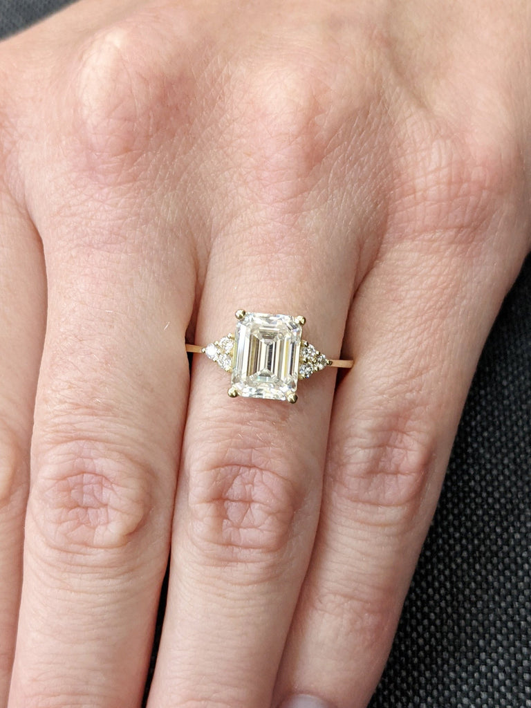 Handmade Custom Ring/ 2.5 Carat Emerald Cut Moissanite Engagement Ring/ 4 Prongs Wedding Promise Ring/ 14K Solid Gold Ring/ Stacking Rings