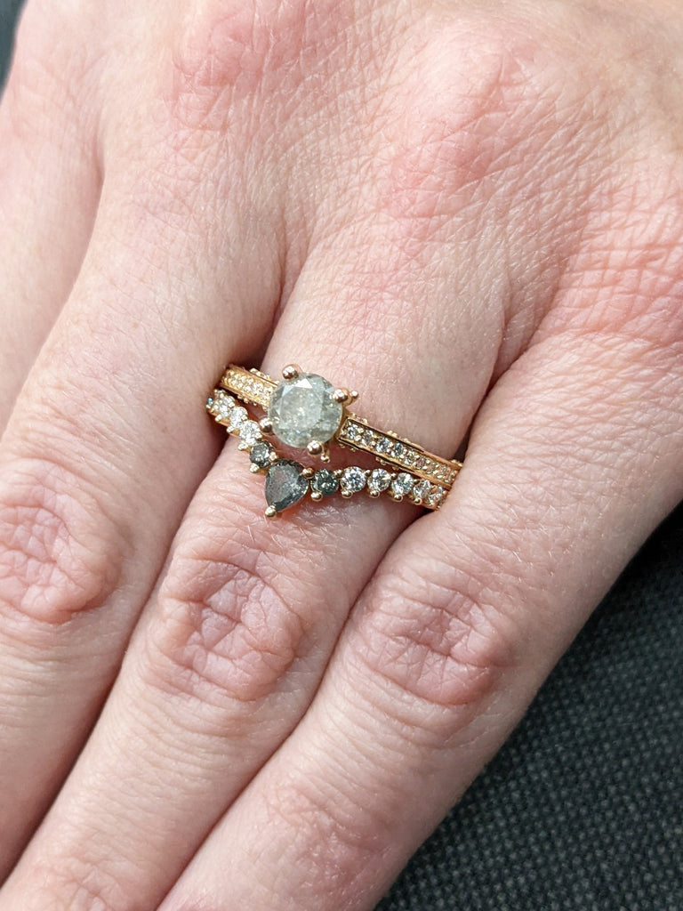Salt and Pepper Engagement Ring 2pcs Rose Gold Crown Engagement Ring Black Diamond Ring Vintage Engagement Ring Pear Shaped Eternity Ring