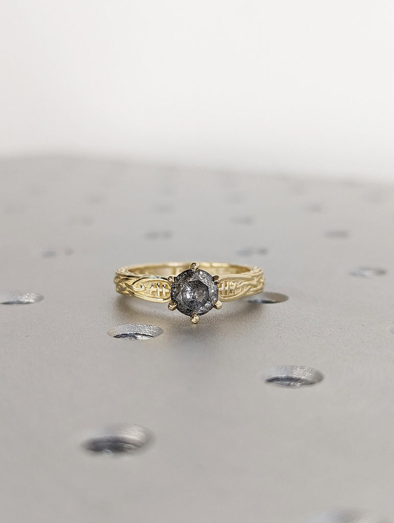 Unique Round Diamond Vintage Celtic Engagement Bridal Ring, Salt And Pepper Diamond Round Cut, Twisted Celtic Engagement Ring Celtic Knot