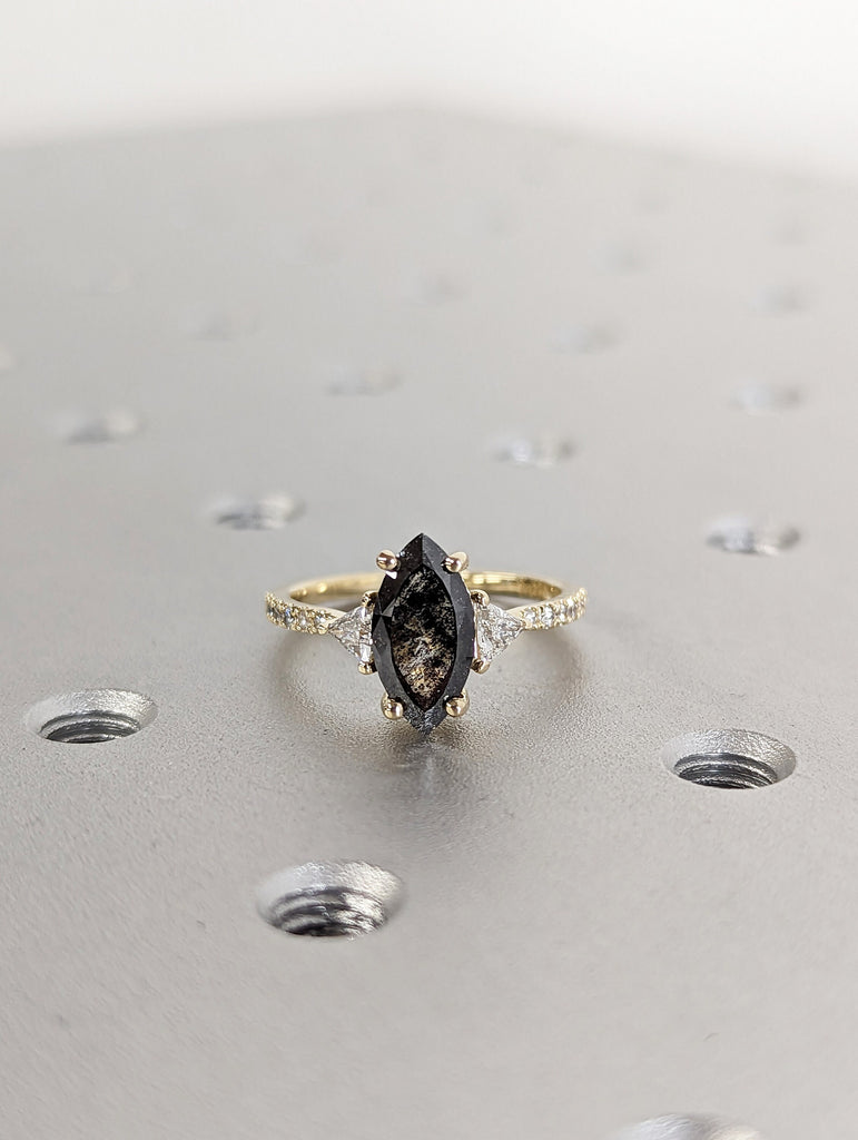 Raw Diamond Marquise Triangle Diamond, Salt and Pepper, Unique Engagement Ring, Rose Cut Geometric Diamond Ring, 14k Gold, Custom Handmade