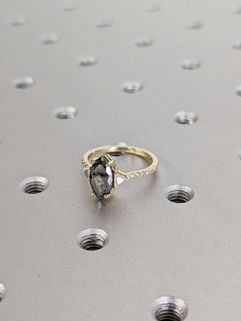 Raw Diamond Marquise Triangle Diamond, Salt and Pepper, Unique Engagement Ring, Rose Cut Geometric Diamond Ring, 14k Gold, Custom Handmade